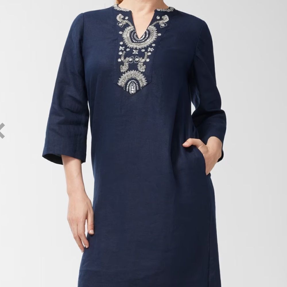 Chico’s Linen Embellished Navy Tunic Dress Classic Navy 4‎ NWT in packaging - Picture 2 of 8
